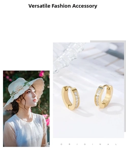 Detailed macro view of gold-plated hoop earrings with micro-set white zircon stones