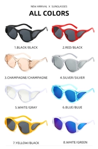 Detailed grid view showing eight colorful punk style sunglasses with unique flame wing designs