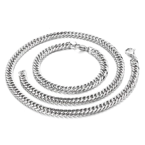 Silver stainless steel Cuban link necklace set with lobster clasp on white background