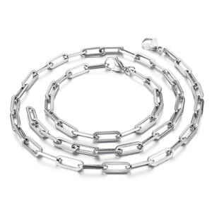 Polished silver stainless steel paperclip chain necklace and bracelet set for men