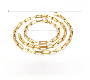 Detailed size specifications for gold stainless steel paperclip chain necklace and bracelet