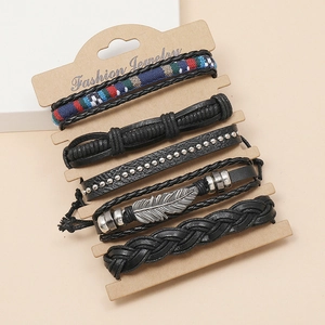 5-piece bohemian leather bracelet set with feather pendants and woven beads