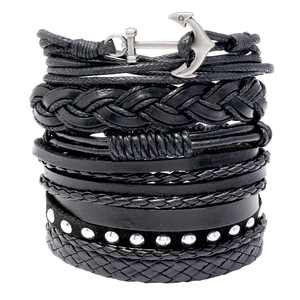 Stackable Braided Bracelets Vintage Cowhide Leather Alloy Anchor Charm Rivet Punk Style Adjustable For Men And Women
