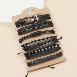 Handmade vintage black leather multilayer bracelet set with metal anchor charm