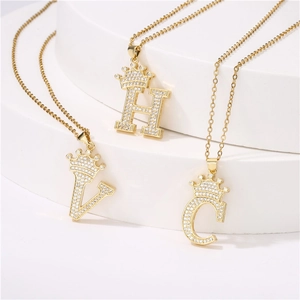 Initial Letter Pendant Necklace Crown Design Copper Gold Plated Paved Zircon Hip Hop Fashion Jewelry For Women