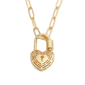 Heart Lock Pendant Necklace Copper With Cubic Zirconia Paperclip Chain Hip Hop Style Fashion For Women