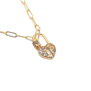 Heart Lock Pendant Necklace Copper Multi Color Zircon Rainbow Hip Hop Trendy Paperclip Chain For Women