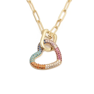 Collier hip-hop doré avec pendentif en forme de cœur orné de pierres colorées