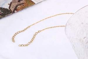 Close-up of golden titanium necklace with extension chain on an elegant white background