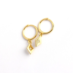 Elegant gold S925 sterling silver hoop earrings with rhombus starburst zircon pendants
