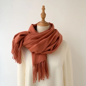 Detail of brick red cashmere-feel scarf with fringe tassels on a mannequin display