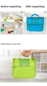 Hanging toiletry bag detail showing large capacity with waterproof mesh and handle