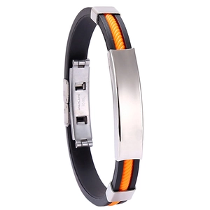 Bracelet homme en silicone noir avec corde orange et plaque d'identité en acier