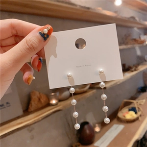 Elegant s925 silver long pearl tassel drop earrings with gold chain in minimalist style