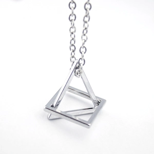 Minimalist silver geometric necklace with interlocking triangle and square pendants