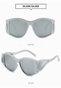 Futuristic silver punk sunglasses showing front and 45-degree side views with wing detail