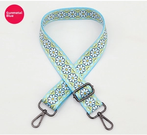 Close-up of light blue floral replacement bag strap with gunmetal swivel hooks and buckle