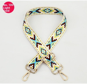 Close-up of adjustable woven shoulder strap with geometric pattern and gold hardware
