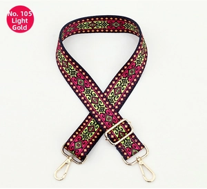 Detail of adjustable ethnic style woven bag strap with retro geometric pattern and gold clips