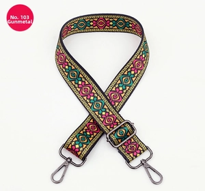 Detail of adjustable gunmetal lobster buckles on ethnic geometric pattern bag strap