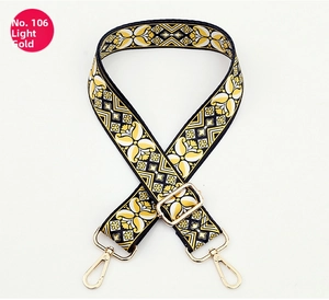 Close-up of adjustable strap with yellow geometric patterns and light gold hooks