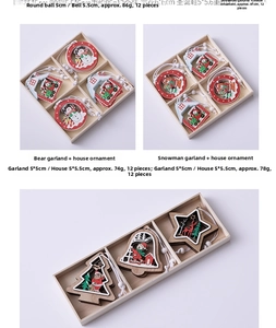 Detailed view of 12-piece wooden Christmas ornaments set with star and house shapes