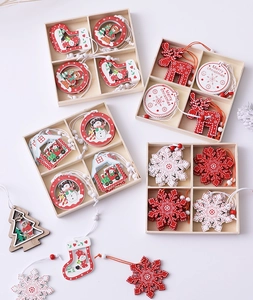 Detailed set of Christmas wooden ornaments with reindeer, snowflake and snowman designs