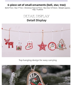 Detailed view of 6-piece wooden Christmas ornaments set with star and tree shapes