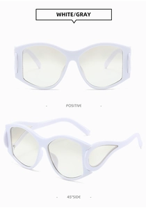 Macro detail of white wavy frame sunglasses with gray lenses and flame hollow temples