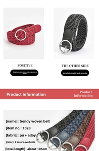 Detail of multi-color woven wax cord belts with round alloy buckles and 105cm length