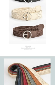 Detail showing various colors of elastic braided belts with metal D-ring buckles