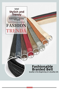 Detail view of woven wax rope belts in 8 candy colors with round silver metal buckles