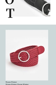 Detail of woven wax rope belts with silver round buckles in black and burgundy colors