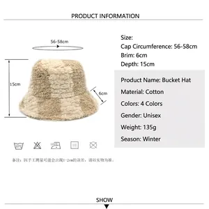Chapeau bob en peluche à damier pour l'hiver avec tableau des tailles en beige et brun