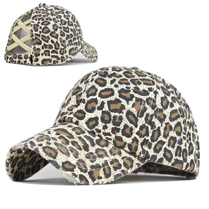 Damen Pferdeschwanz Baseballkappe Gewaschene Baumwolle Criss Cross Messy Bun Distressed Sonnenhut Leopard