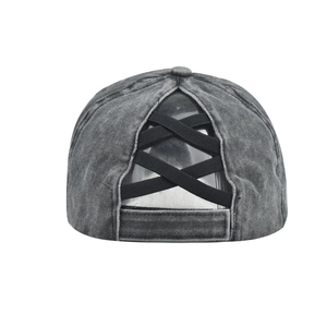 Detail of grey washed baseball cap showing the elastic criss-cross ponytail opening