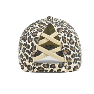 Distressed leopard print baseball cap with cross elastic bands for high ponytail styling