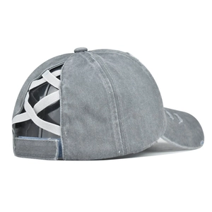 Detail of grey washed cotton baseball cap with elastic criss-cross ponytail opening