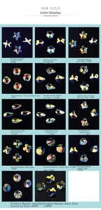 Macro display of various AB crystal glass charms in snowflake, heart and butterfly shapes