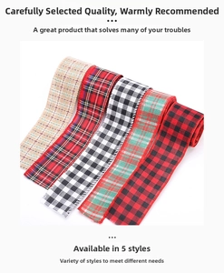 Detail shot of five assorted Christmas plaid ribbons with high-density texture rolls