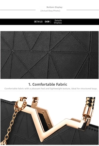 Detail of black handbag with geometric triangle embossing and gold metal V-shape handle
