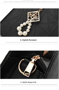 Detail of black handbag with geometric quilting, pearl charm and gold metal zipper