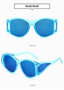 Front and 45-degree side views of punk style blue polygon sunglasses for women