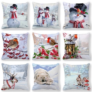 Collage of nine square pillow covers with watercolor winter animals and Christmas patterns