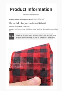 Close-up of 6cm red and black plaid polyester ribbon roll with ruler measurement