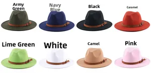 Detail of wool fedora hats in multiple colors featuring brown leather bands and metal buckles