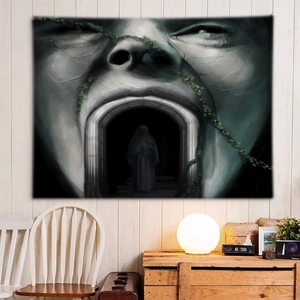 Artistic 3D surreal wall tapestry with gothic face design for home aesthetic