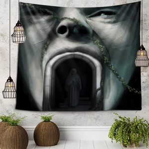 Large 3D surreal face tapestry with archway mouth and green vines for wall decor