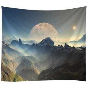 3D celestial tapestry featuring snowy mountains and a large moon for room decoration