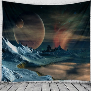3D outer space moon and galaxy tapestry hanging on white brick wall for room decor